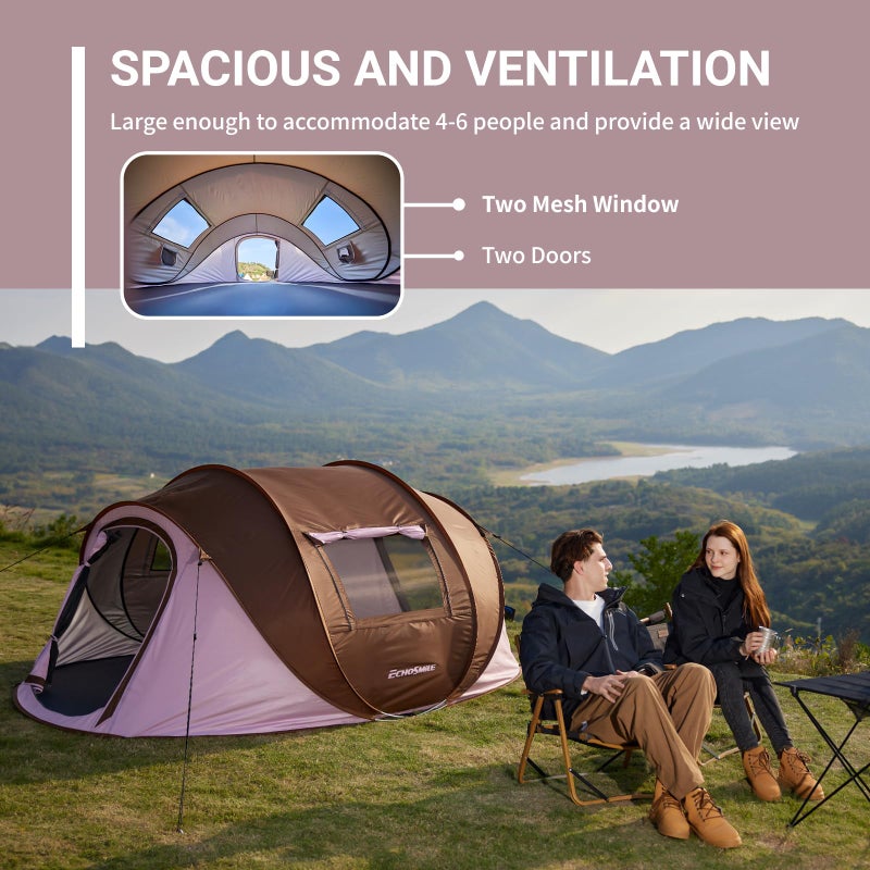 EchoSmile Instant Pop Up Camping Tent, 4 Person Easy Setup Tent, Water Resistant Dome, Portable with Carry Bag,Pink & Brown - Image 5