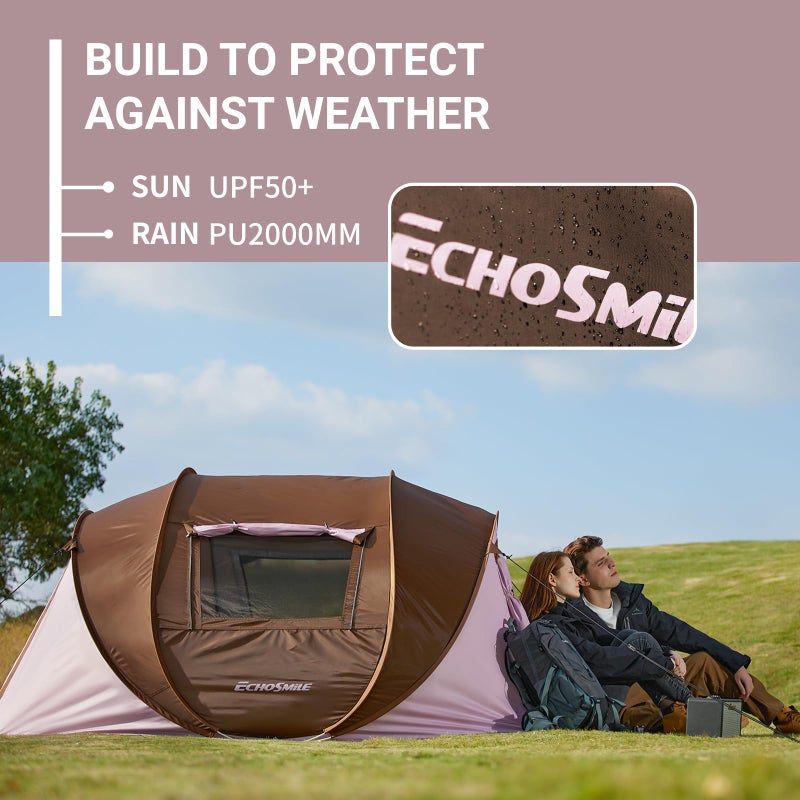 EchoSmile Instant Pop Up Camping Tent, 4 Person Easy Setup Tent, Water Resistant Dome, Portable with Carry Bag,Pink & Brown - Image 2