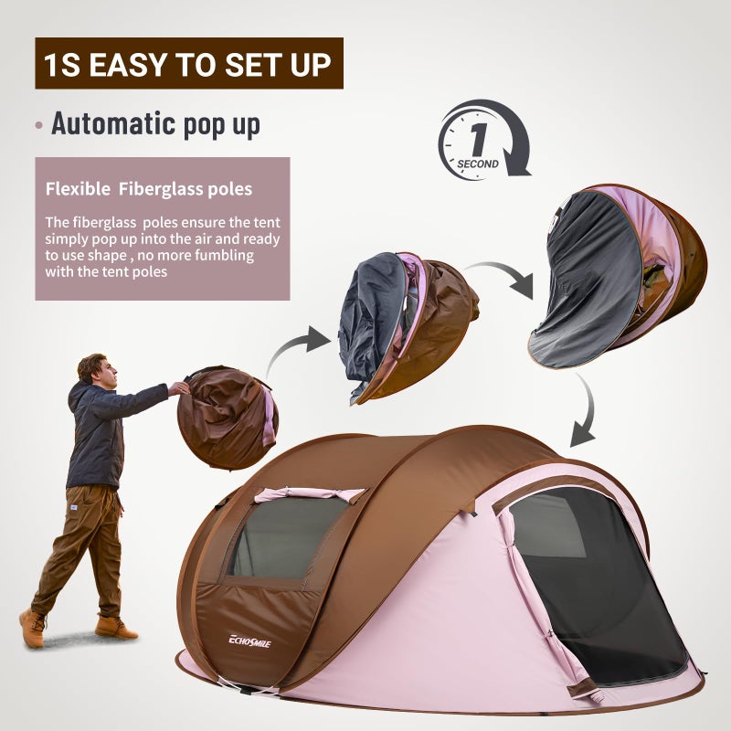 EchoSmile Instant Pop Up Camping Tent, 4 Person Easy Setup Tent, Water Resistant Dome, Portable with Carry Bag,Pink & Brown - Image 4