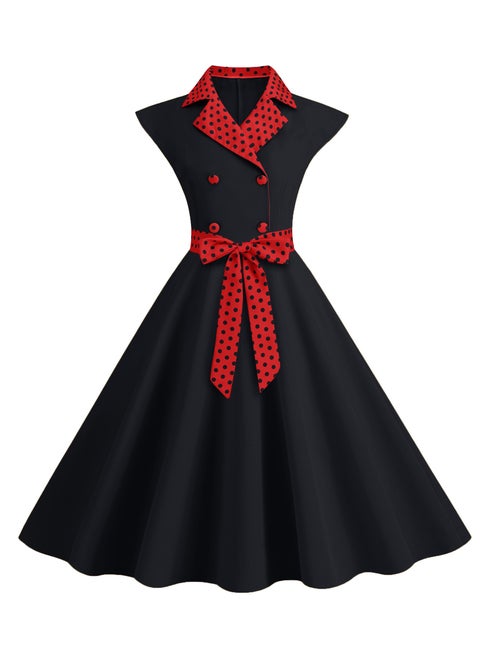 New Standing Collar Polka Dot Splicing Double Breasted Large Swing Dress