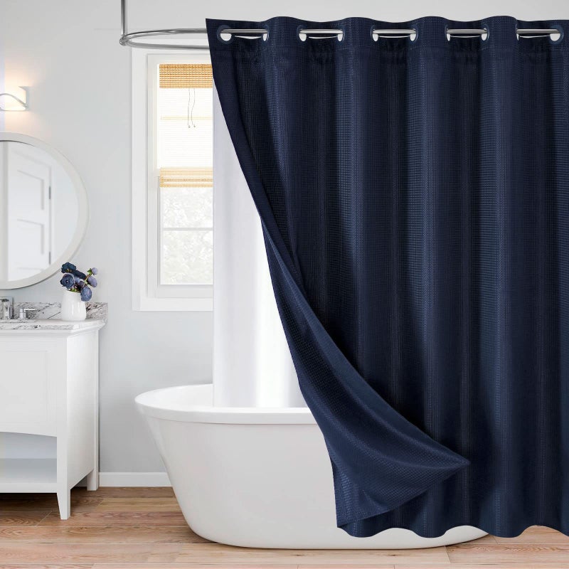 Mitovilla Navy Blue Waffle Startain 72 × 80 لا توجد خطافات مطلوبة 80 بوصة من قماش القماش الستار الدش مع بطانة مقدمة للقطعة لقطاع الحمام الفندق الحديث - Image 1