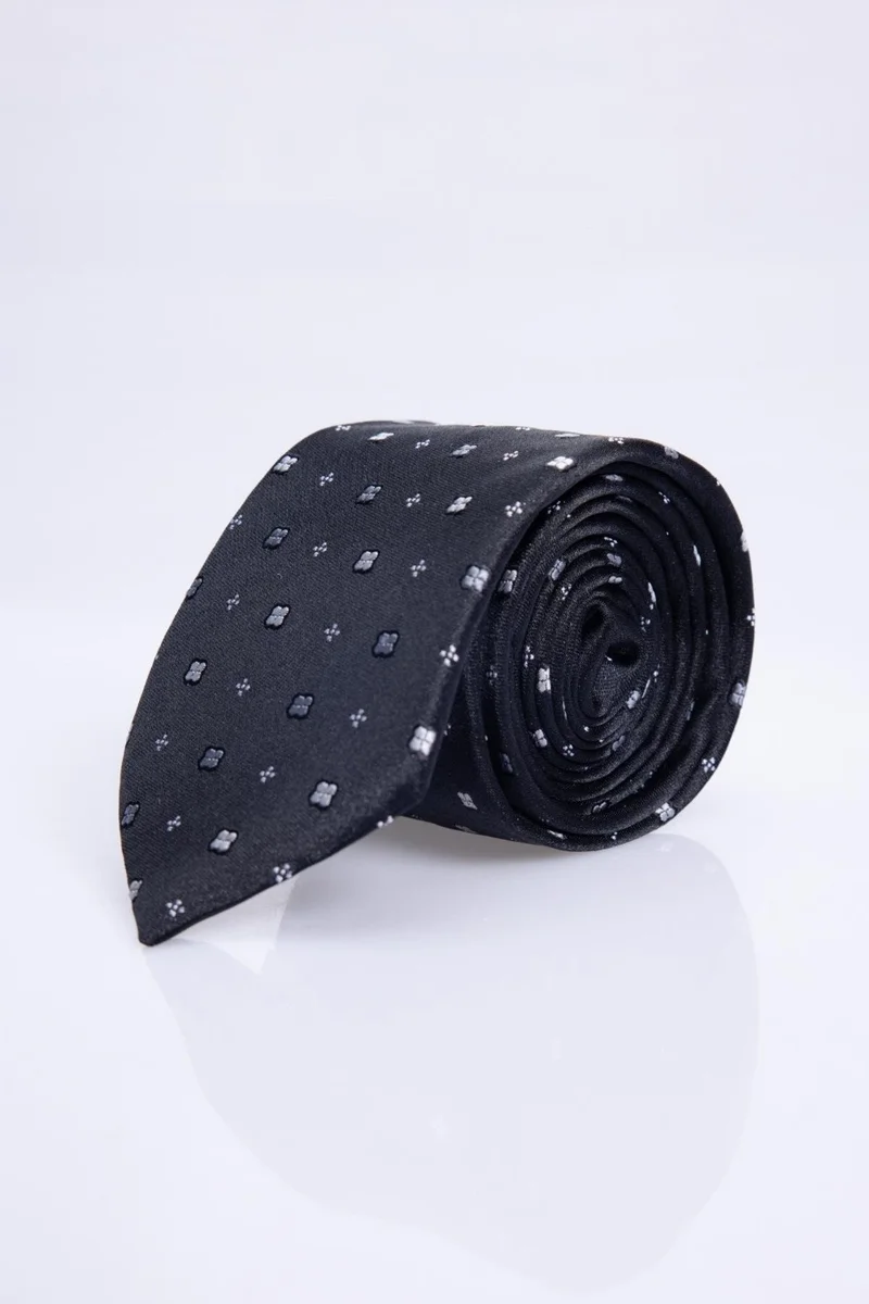 تودورس Classic Patterned Black Tie with Pocket Handkerchief