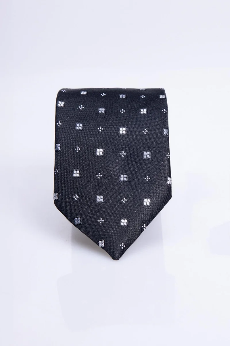 تودورس Classic Patterned Black Tie with Pocket Handkerchief