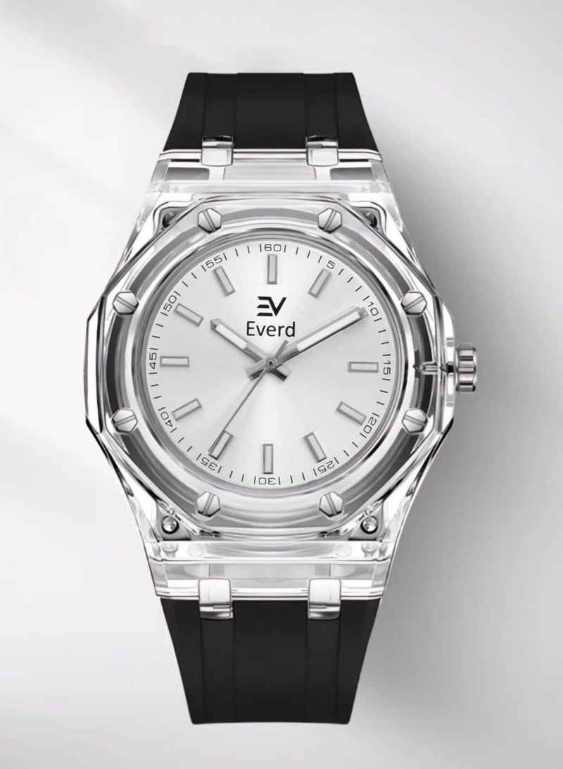 Everd men’s watch with a rubber strap and a transparent dial.