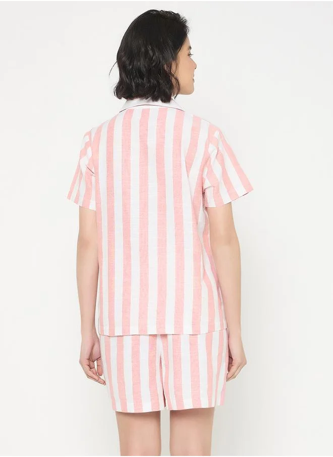 Clovia Clovia Striped Short Sleeve Cotton Shirt and Shorts Set