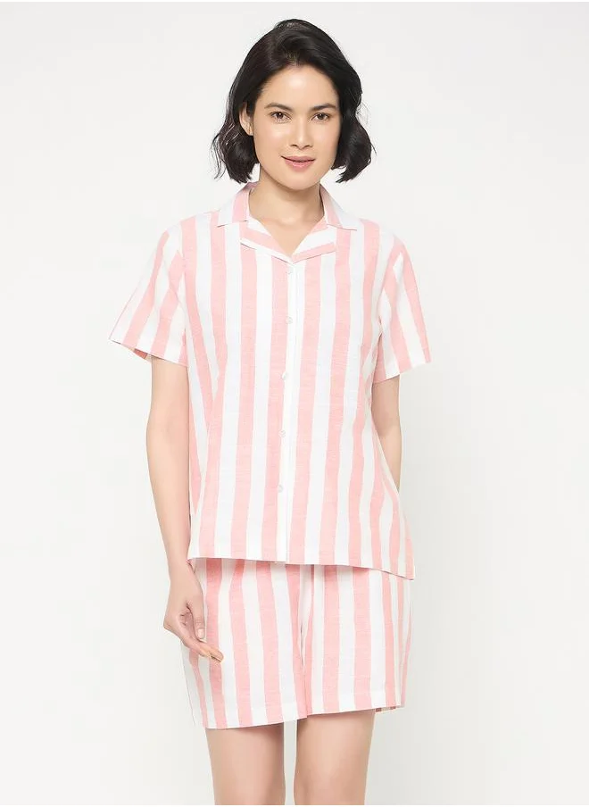 Clovia Clovia Striped Short Sleeve Cotton Shirt and Shorts Set
