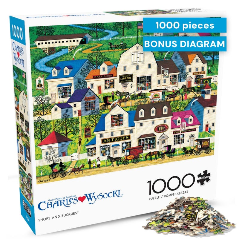 Buffalo Games - 1000 Piece Jigsaw Puzzle Charles Wysocki Shops and Buggies, Made in USA, Premium Recycled Board, Reference Diagram, Giftable - Image 1