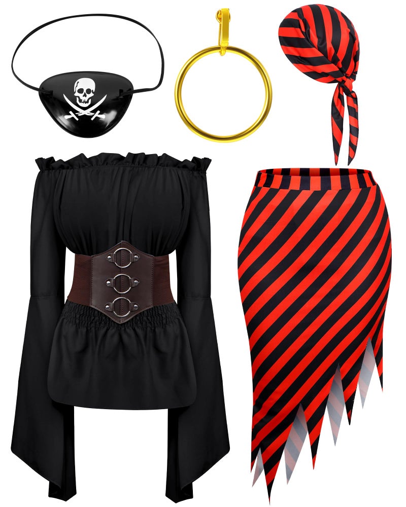 Silicherry 6 Pcs Womens Pirate Costume Cosplay Renaissance Blouse Tops Corset Waist Belt Pirate Skirt Stripes Headscarf Set (Black,M), Medium - Image 3