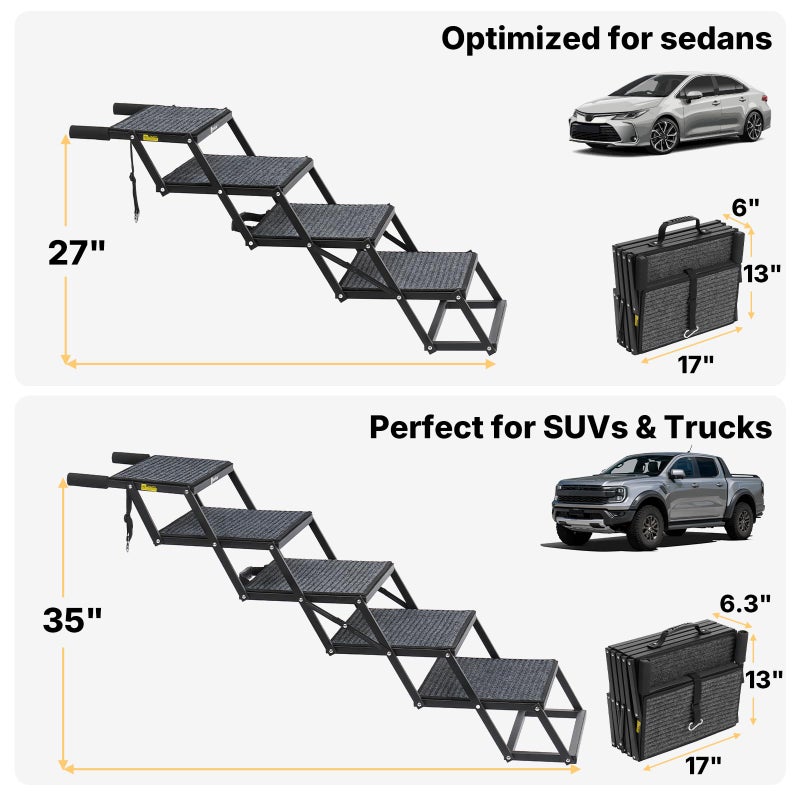 Veehoo Foldable Dog Steps for Car Truck, 4 Steps Collapsible Dog Stairs for Car Large Dogs 17" Wide, Heavy Duty Outdoor Pet Ramp Ladder Portable with Non Slip Surface for Dogs, Support up to 200 lbs - Image 2