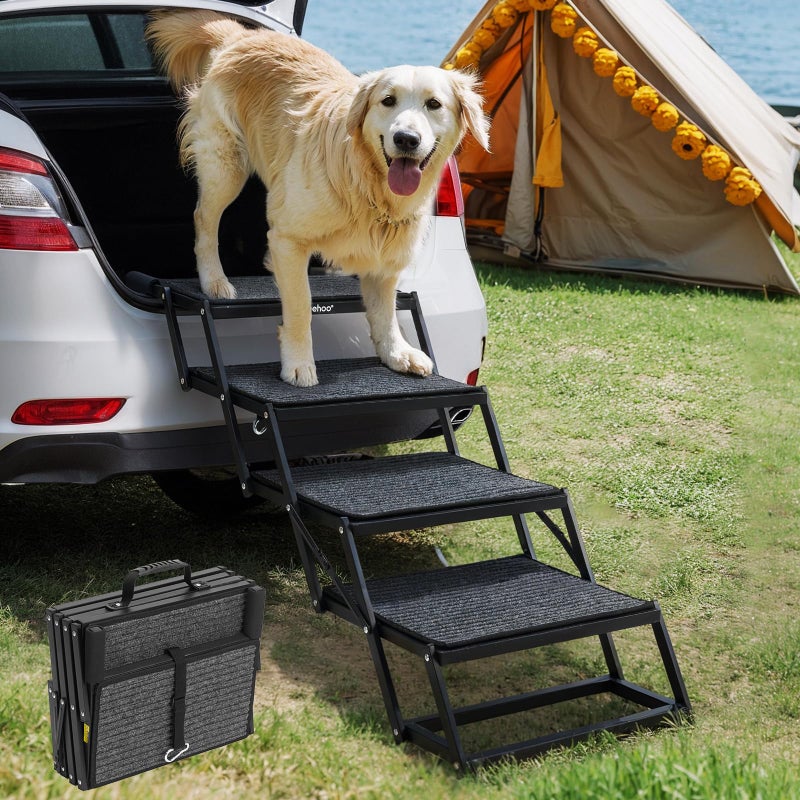 Veehoo Foldable Dog Steps for Car Truck, 4 Steps Collapsible Dog Stairs for Car Large Dogs 17" Wide, Heavy Duty Outdoor Pet Ramp Ladder Portable with Non Slip Surface for Dogs, Support up to 200 lbs - Image 1