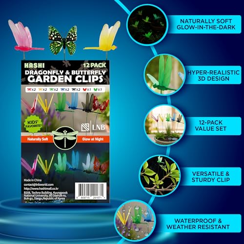 Hashi HA SHI 12 Pack Decorative Garden Clips - Soft Night Glow Dragonfly & Butterfly Ornaments with Large Sturdy Clips, 10" Bendable Wires - Vivid Day Colors & Subtle Night Accents - Image 3
