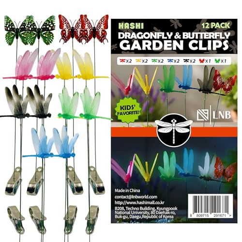 Hashi HA SHI 12 Pack Decorative Garden Clips - Soft Night Glow Dragonfly & Butterfly Ornaments with Large Sturdy Clips, 10" Bendable Wires - Vivid Day Colors & Subtle Night Accents - Image 1