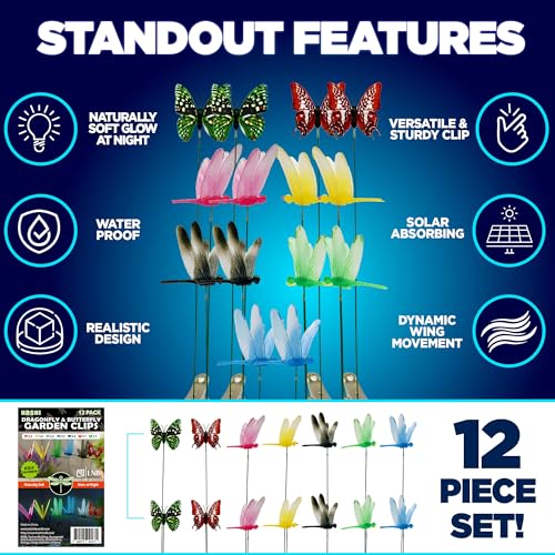 Hashi HA SHI 12 Pack Decorative Garden Clips - Soft Night Glow Dragonfly & Butterfly Ornaments with Large Sturdy Clips, 10" Bendable Wires - Vivid Day Colors & Subtle Night Accents - Image 4