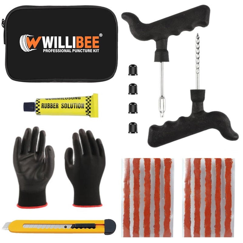 WILLIBEE 7 in 1 Tubeless Tyre Puncture Repair Kit for Bike, Car, Scooter & SUV - Universal Emergency Tyre Fix Tool Set, Flat Tire Puncher Repair Kit (with Storage Bag) - Image 1