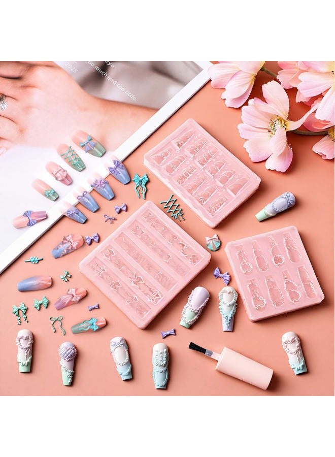 Sibba 3Pcs Silicone Nail Molds, 3D Bow Charms Nail Mold Carving Template Stencil for Women Nails Art Fingertip Decoration, Transparent Resin Craft Accessories - Image 4