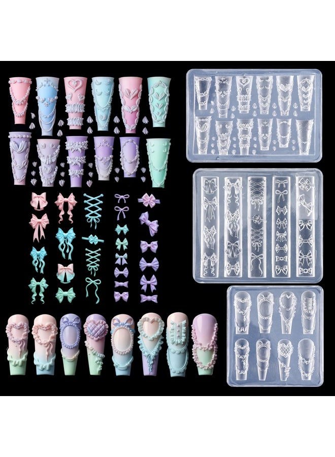 Sibba 3Pcs Silicone Nail Molds, 3D Bow Charms Nail Mold Carving Template Stencil for Women Nails Art Fingertip Decoration, Transparent Resin Craft Accessories - Image 1