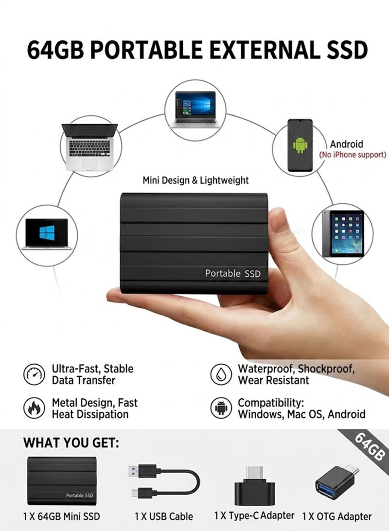 جوي فوكس قرص SSD خارجي محمول بسعة 64 جيجابايت، يدعم نقل البيانات بسرعة عالية عبر منفذ USB 3.1، يدعم تخزين البيانات وتخزينها، قرص SSD خارجي صغير محمول بمنفذ USB-C لأجهزة الكمبيوتر/أجهزة الكمبيوتر المحمولة/الهواتف وغيرها - Image 2