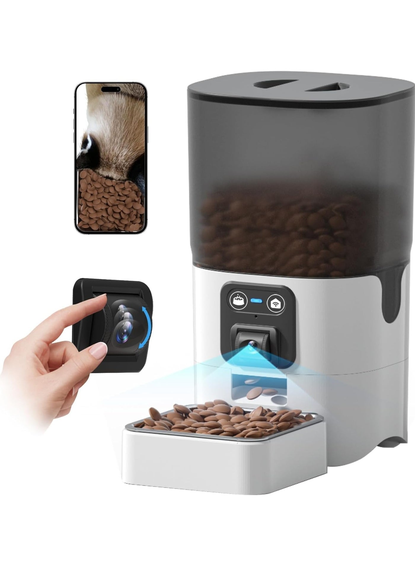 Automatic Pet Feeder Papifeed Slow Feeder 6L with 1080P Camera WiFi App & Voice Monitoring, Smart Cat Feeder & Pet Feeder, Automatic Cat Feeder Dispenser, Portion Control, Cat/Dog Bowl, Stainless Steel, Battery & Dual Power with Timer Backup for Outage, 3kg Capacity (White Adjustable Camera)