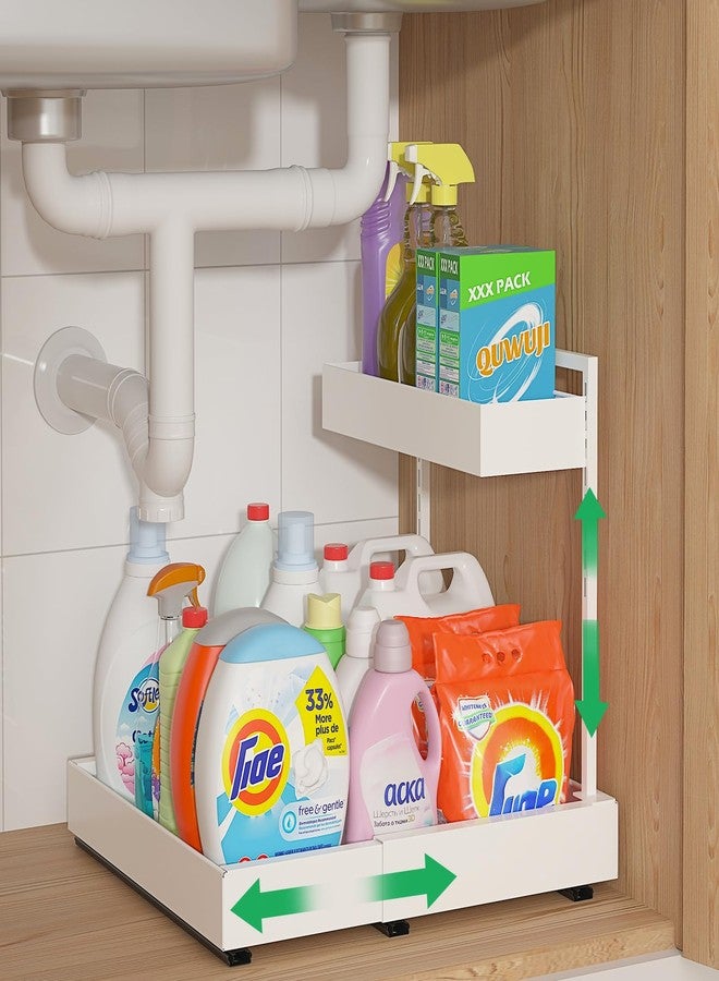 REALINN Expandable Under Sink Organizers and Storage, 2 Tier Under Cabinet Organizer, Heights Adjustable Pull Out Rack for Kitchen Bathroom Laundry, White, 1 Pack - Image 1