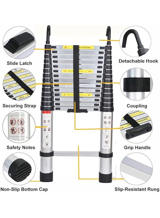 Portable Aluminium Telescopic Ladder – 4.4m (14.4ft) – Ideal for Attic, Home & Outdoor Use – Removable Hook & Non-Slip Rubber Feet - Image 1