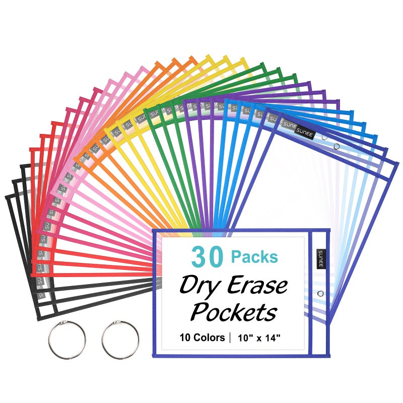 SUNEE 30 Packs Oversized Reusable Dry Erase Pocket Sleeves with 2 Rings, 10 Assorted Colors 10x14 Ticket Holders, Clear Plastic Sheet Protectors, Teacher School Classroom Supplies - Image 1