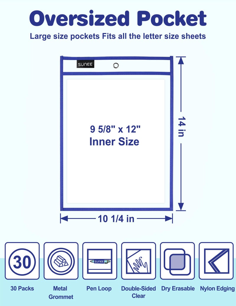SUNEE 30 Packs Oversized Reusable Dry Erase Pocket Sleeves with 2 Rings, 10 Assorted Colors 10x14 Ticket Holders, Clear Plastic Sheet Protectors, Teacher School Classroom Supplies - Image 2