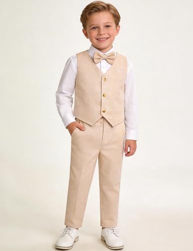 A&J DESIGN Baby Suits for Boys Gentleman Wedding Photoshoot Formal Outfit Dress Clothes Set Beige 12-18 Months - Image 3