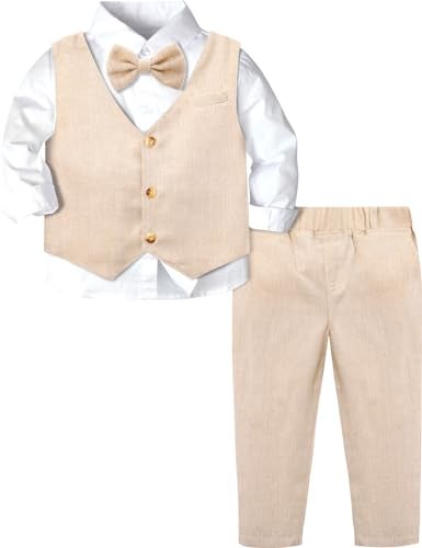 A&J DESIGN Baby Suits for Boys Gentleman Wedding Photoshoot Formal Outfit Dress Clothes Set Beige 12-18 Months - Image 1