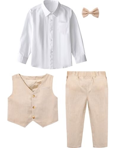 A&J DESIGN Baby Suits for Boys Gentleman Wedding Photoshoot Formal Outfit Dress Clothes Set Beige 12-18 Months - Image 5