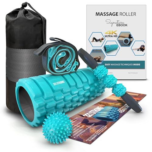 321 STRONG Foam Roller Set with Hollow Core Roller Muscle Roller Stick Stretching Strap Spikey Ball Quick Start Guide Carry Bag and 4K eBook - Image 1
