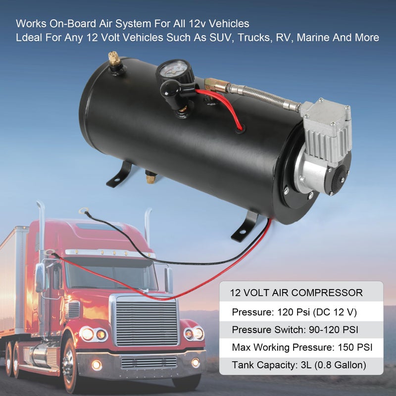 LDMINDA DC 12V MAX 150PSI Air Compressor Tank Pump with 3 Liter Tank 0.8 Gallon Portable Air Compressor Pump for Train Truck Pickup Motorhome Horns On Board 3L Train Inflator - Image 2