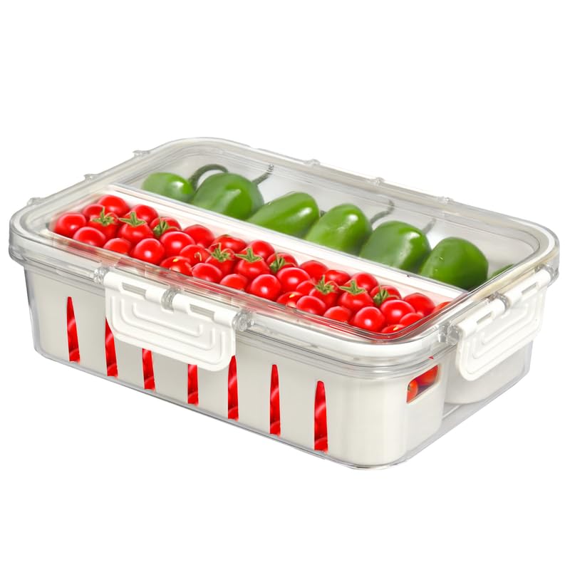 PRIME PICK Fresh Store Fridge Storage Container Airtight Food Drain Box with Removable Drain Plate Vegetable Fruit Crisper Divider Freezer Storage Organizer White - Image 1