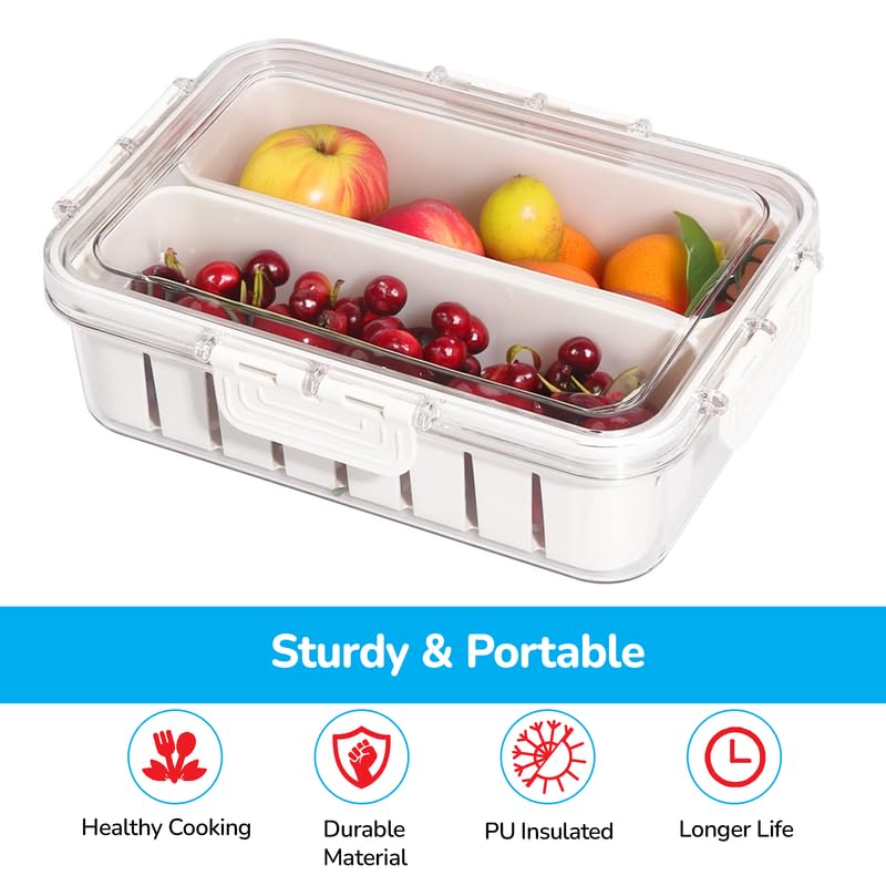 PRIME PICK Fresh Store Fridge Storage Container Airtight Food Drain Box with Removable Drain Plate Vegetable Fruit Crisper Divider Freezer Storage Organizer White - Image 3