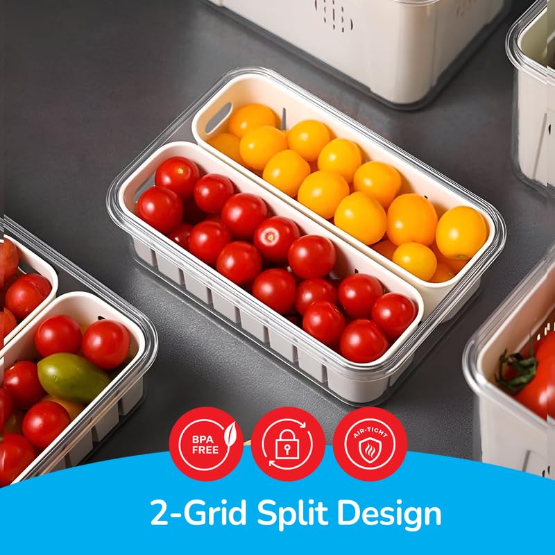 PRIME PICK Fresh Store Fridge Storage Container Airtight Food Drain Box with Removable Drain Plate Vegetable Fruit Crisper Divider Freezer Storage Organizer White - Image 5