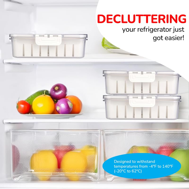 PRIME PICK Fresh Store Fridge Storage Container Airtight Food Drain Box with Removable Drain Plate Vegetable Fruit Crisper Divider Freezer Storage Organizer White - Image 4