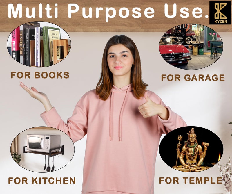 KYZEN Deluxe Wall Mount Microwave Oven Stand with Pot Rack, 5 Hooks & Storage Container | Heavy-Duty Shelf for Microwave, OTG, Air Fryer, Grinder & Kitchen Organization (Wooden) Appliances WM_Delux_W - Image 5