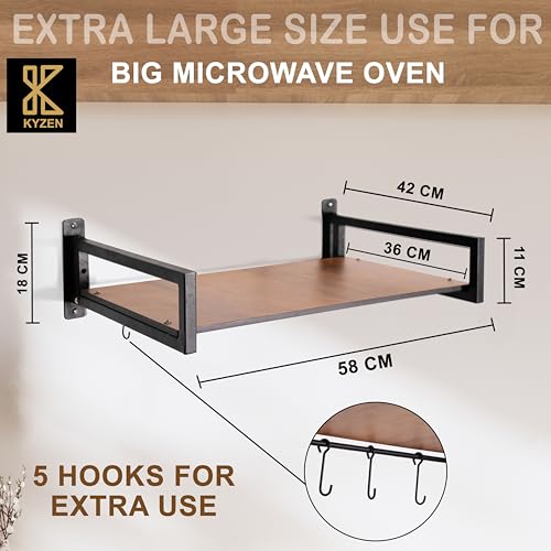 KYZEN Deluxe Wall Mount Microwave Oven Stand with Pot Rack, 5 Hooks & Storage Container | Heavy-Duty Shelf for Microwave, OTG, Air Fryer, Grinder & Kitchen Organization (Wooden) Appliances WM_Delux_W - Image 2