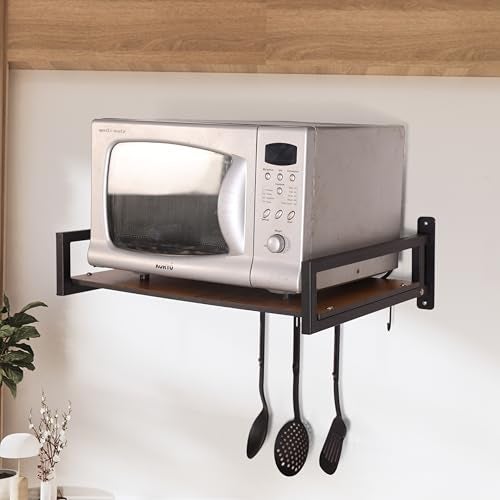 KYZEN Deluxe Wall Mount Microwave Oven Stand with Pot Rack, 5 Hooks & Storage Container | Heavy-Duty Shelf for Microwave, OTG, Air Fryer, Grinder & Kitchen Organization (Wooden) Appliances WM_Delux_W - Image 1