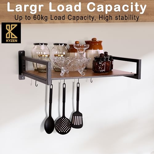 KYZEN Deluxe Wall Mount Microwave Oven Stand with Pot Rack, 5 Hooks & Storage Container | Heavy-Duty Shelf for Microwave, OTG, Air Fryer, Grinder & Kitchen Organization (Wooden) Appliances WM_Delux_W - Image 4