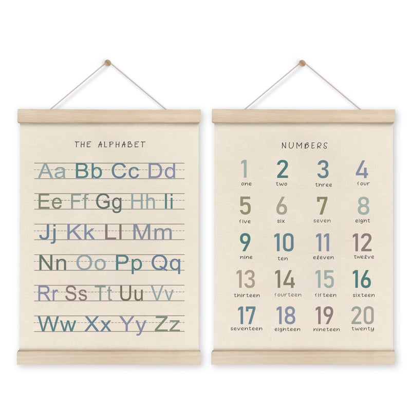 HRQKO Alphabet Numbers Poster Hanger Frame Set of 2  Nursery Wall Decor  Boho ABC Poster Wall Art with Wooden Frames  Alphabet Banner Wall Hanging Decor for Boy Toddler Room Playroom  12x16 Inch - Image 1