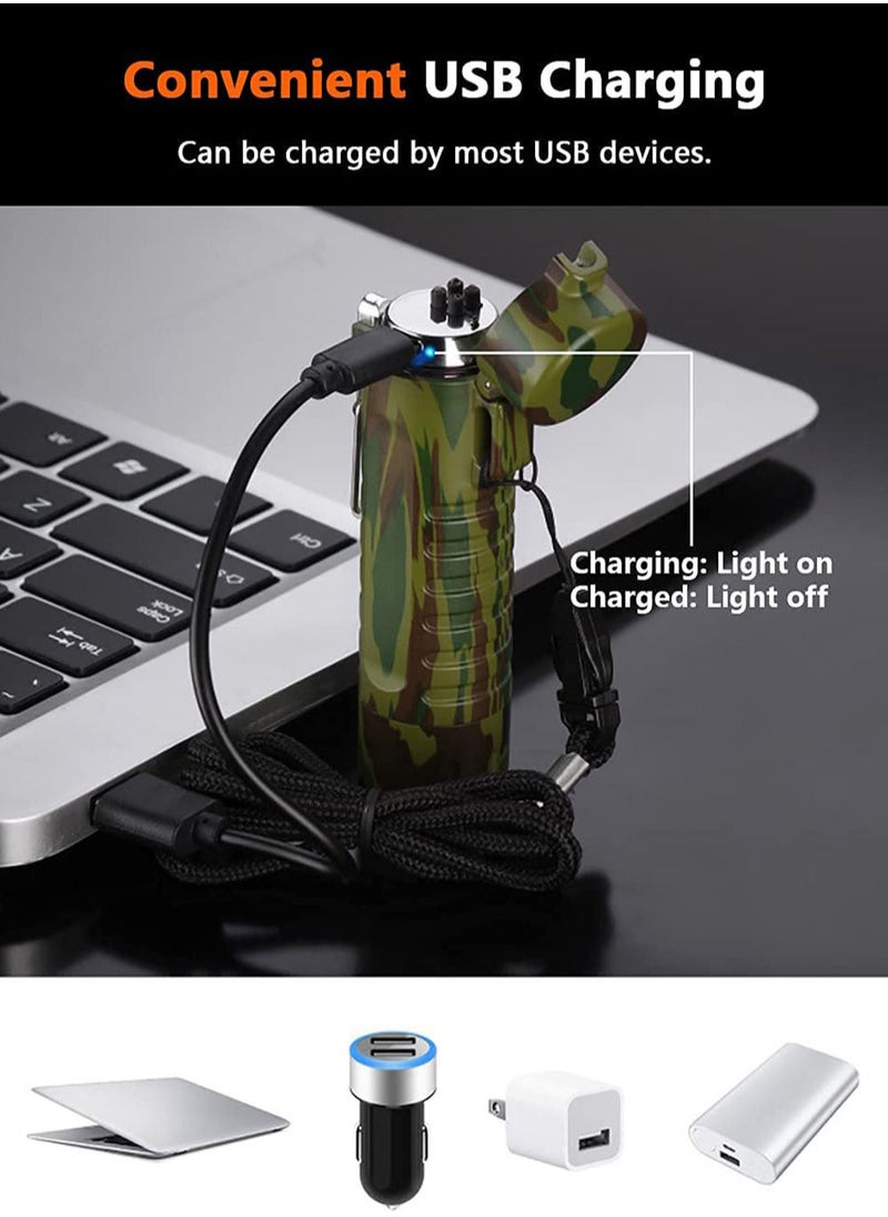 Windproof Lighter Dual Arc Lighter with Waterproof LED Flashlight USB Rechargeable for Camping,Hiking,Adventure,Survival Tactical Gea