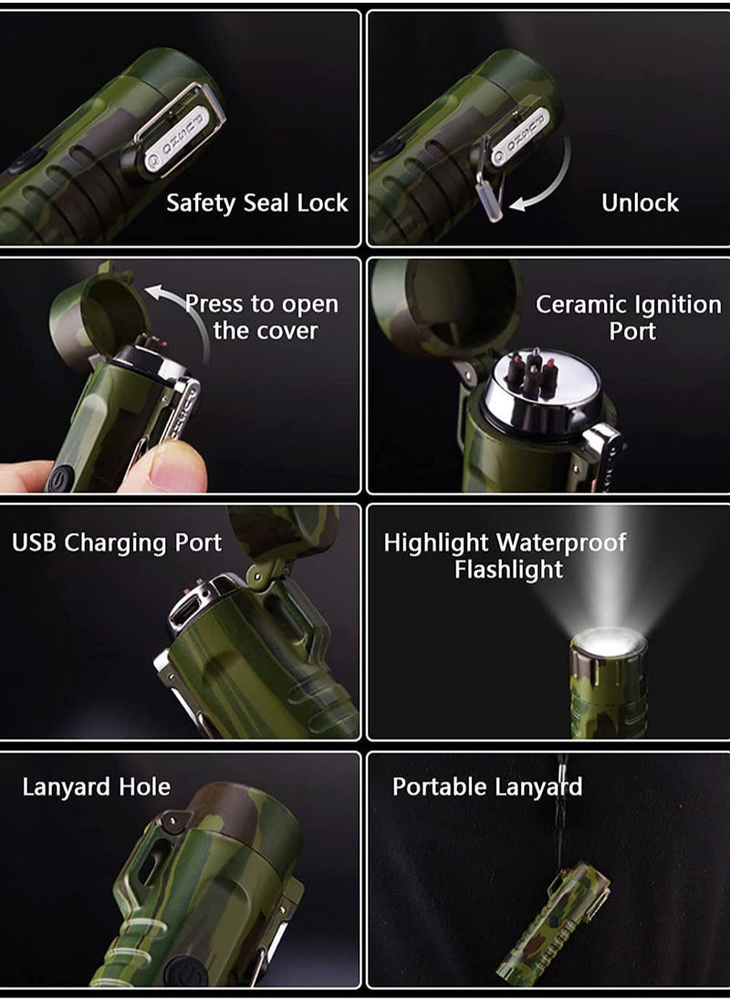 Windproof Lighter Dual Arc Lighter with Waterproof LED Flashlight USB Rechargeable for Camping,Hiking,Adventure,Survival Tactical Gea