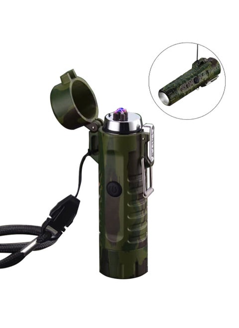 Windproof Lighter Dual Arc Lighter with Waterproof LED Flashlight USB Rechargeable for Camping,Hiking,Adventure,Survival Tactical Gea