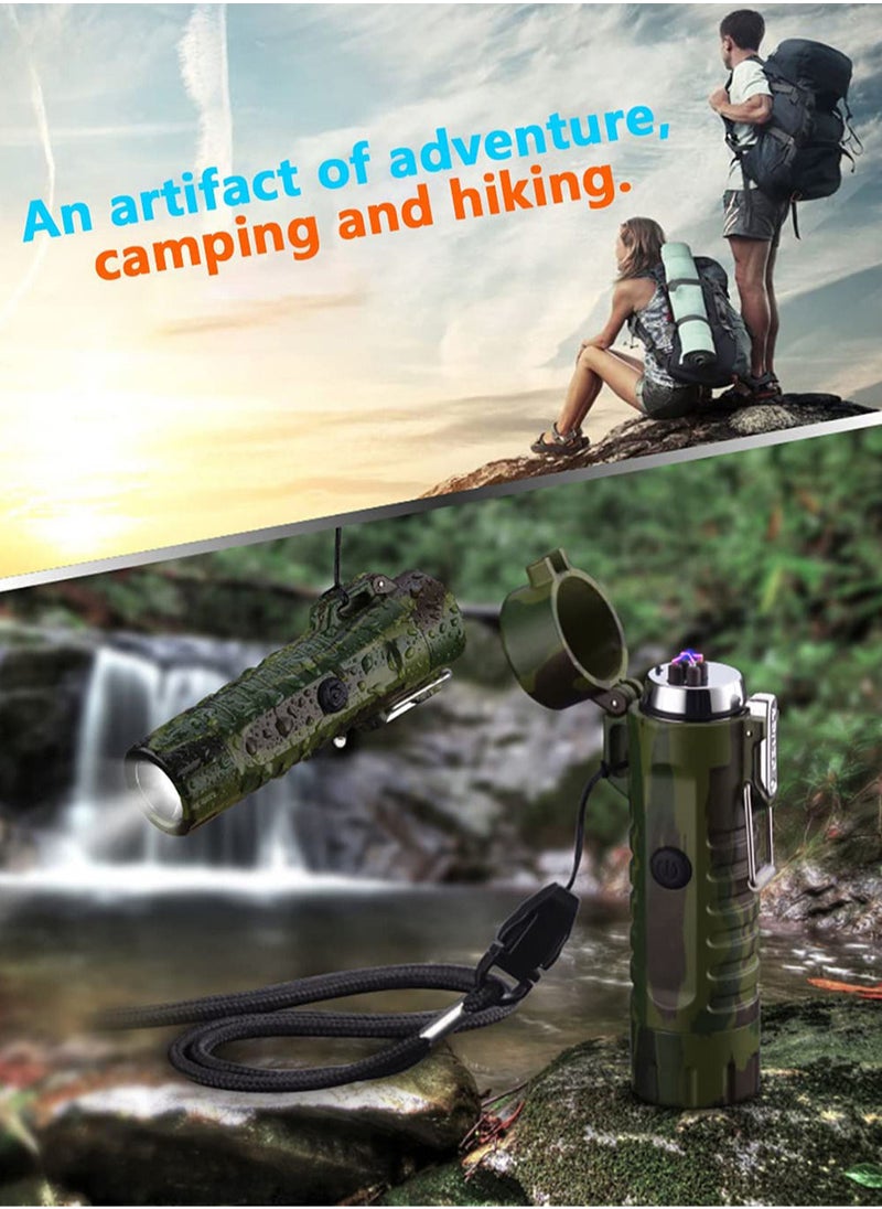 Windproof Lighter Dual Arc Lighter with Waterproof LED Flashlight USB Rechargeable for Camping,Hiking,Adventure,Survival Tactical Gea