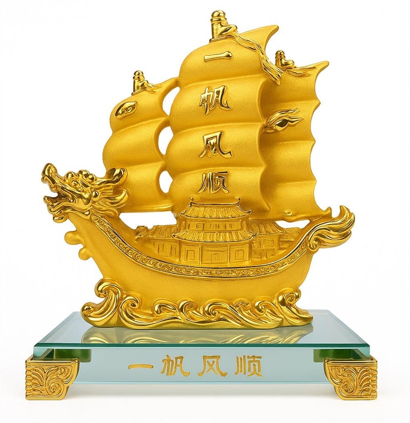 Betterdecor Feng Shui Gold Dragon Sailing Ship (Boat) Statue Home and Office Decor for Success and Fortune - Image 1