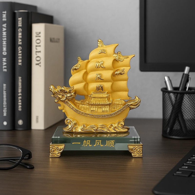 Betterdecor Feng Shui Gold Dragon Sailing Ship (Boat) Statue Home and Office Decor for Success and Fortune - Image 4