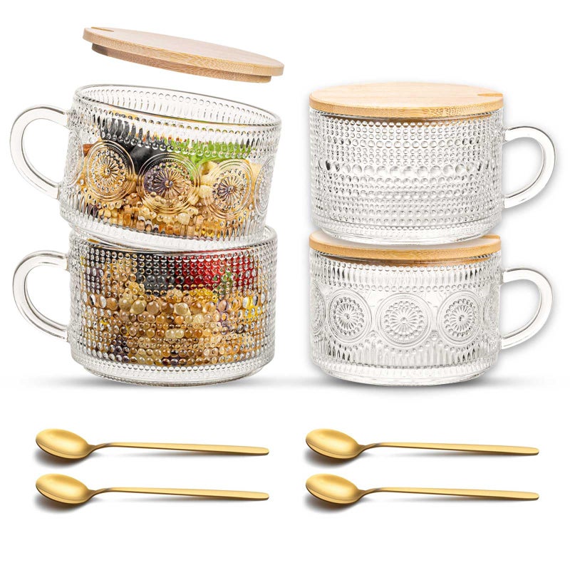 JBHO Vintage Glass 14OZ Coffee Mugs 4pcs Clear Embossed Glass Cups with Bamboo Lids and Spoons Gifts for Women Overnight Containers for Tea,Cereal,Cappuccino, Latte - Image 1