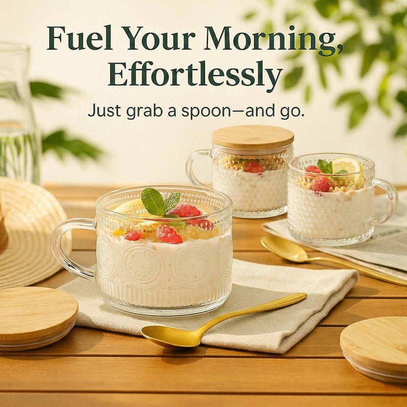 JBHO Vintage Glass 14OZ Coffee Mugs 4pcs Clear Embossed Glass Cups with Bamboo Lids and Spoons Gifts for Women Overnight Containers for Tea,Cereal,Cappuccino, Latte - Image 2
