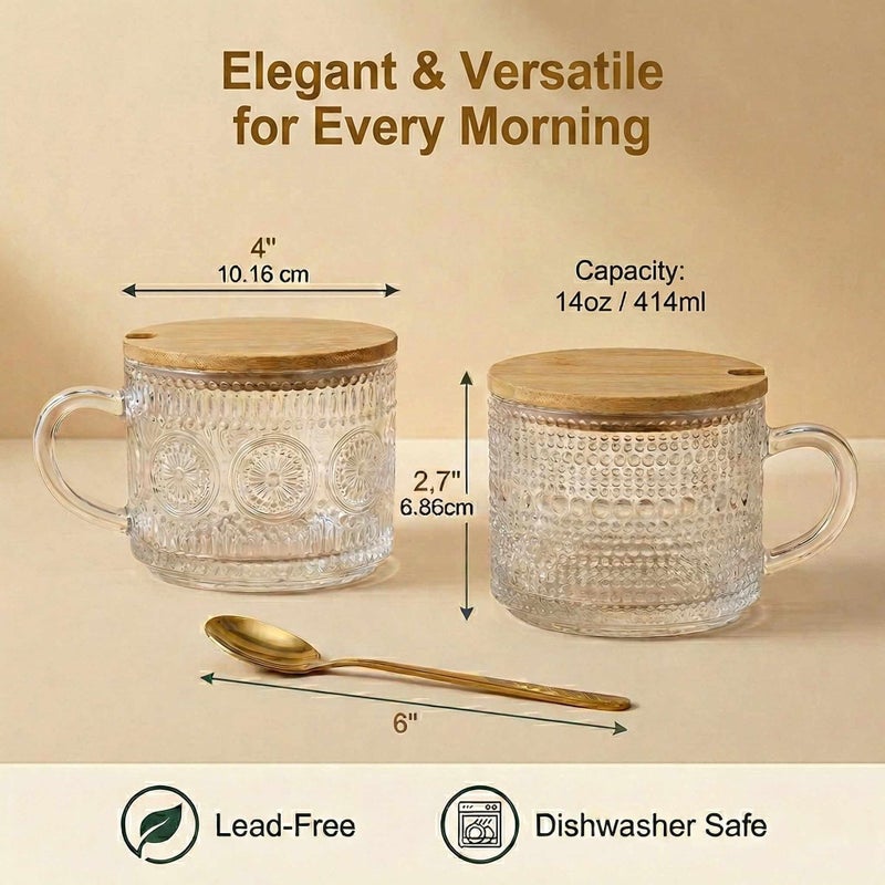 JBHO Vintage Glass 14OZ Coffee Mugs 4pcs Clear Embossed Glass Cups with Bamboo Lids and Spoons Gifts for Women Overnight Containers for Tea,Cereal,Cappuccino, Latte - Image 3