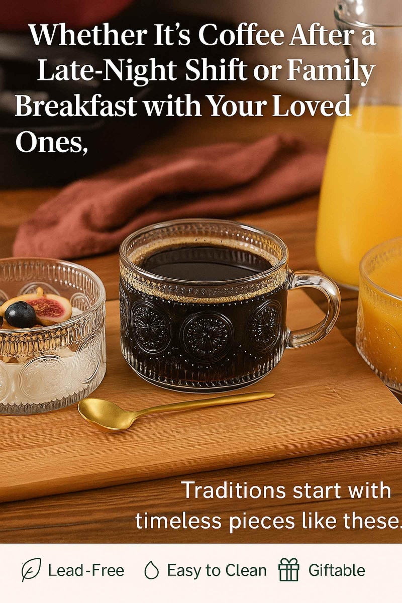 JBHO Vintage Glass 14OZ Coffee Mugs 4pcs Clear Embossed Glass Cups with Bamboo Lids and Spoons Gifts for Women Overnight Containers for Tea,Cereal,Cappuccino, Latte - Image 5